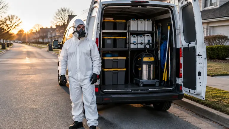 Cleanup technician in a protective suit standing beside an equipped work van on a quiet residential street