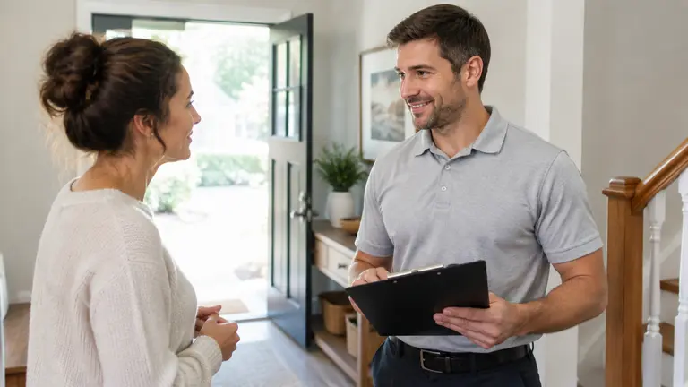 Cleanup coordinator with a clipboard speaking with a homeowner in a bright entryway