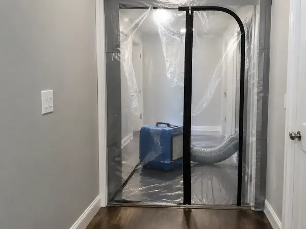 Hallway doorway sealed with clear plastic containment and an air scrubber inside