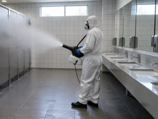 Technician in a protective suit fogging an empty public restroom with disinfectant