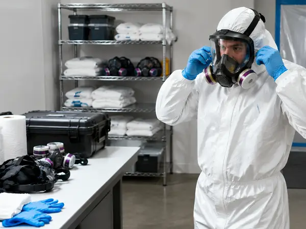 Technician putting on a full face respirator and protective coveralls in a staging area
