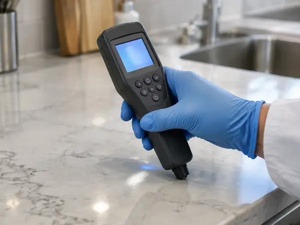 Gloved hand testing a cleaned stone kitchen countertop with a handheld meter