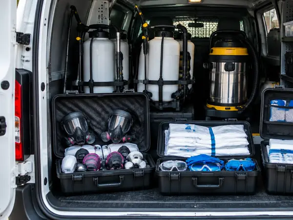 Open work van with organized cases of respirators, sprayers, and a HEPA vacuum