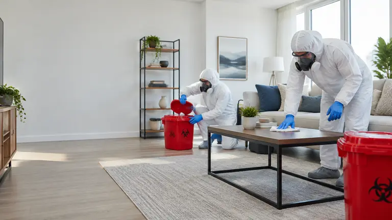 Two biohazard cleanup technicians in protective suits and respirators cleaning a bright living room in a US home