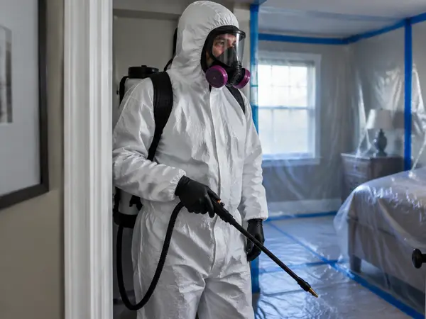 Biohazard cleanup technician in a protective suit and respirator holding a disinfectant sprayer at a contained bedroom doorway