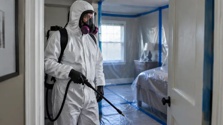 Biohazard cleanup technician in a protective suit and respirator holding a disinfectant sprayer at a contained bedroom doorway