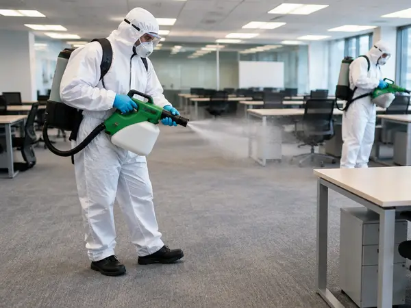 Two technicians in protective suits disinfecting an open plan office with electrostatic sprayers