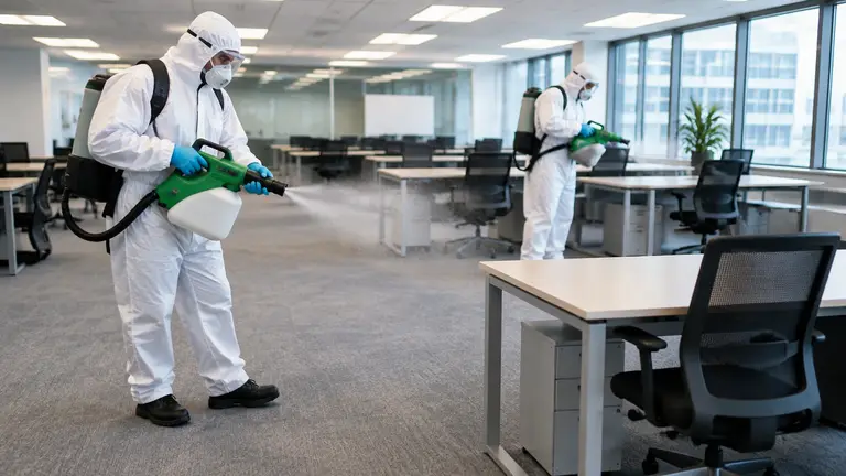 Two technicians in protective suits disinfecting an open plan office with electrostatic sprayers