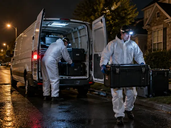 Cleanup crew in protective suits unloading equipment cases from a work van outside a house at night