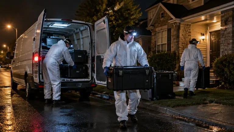 Cleanup crew in protective suits unloading equipment cases from a work van outside a house at night
