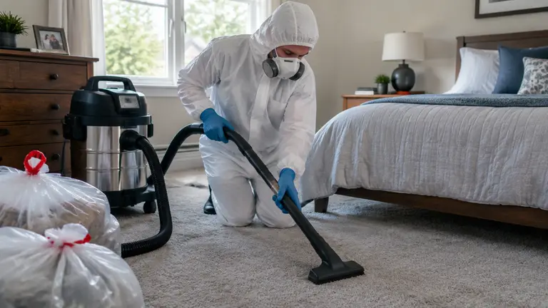 Technician in protective gear using a HEPA vacuum to clean a carpeted family bedroom with sealed waste bags nearby